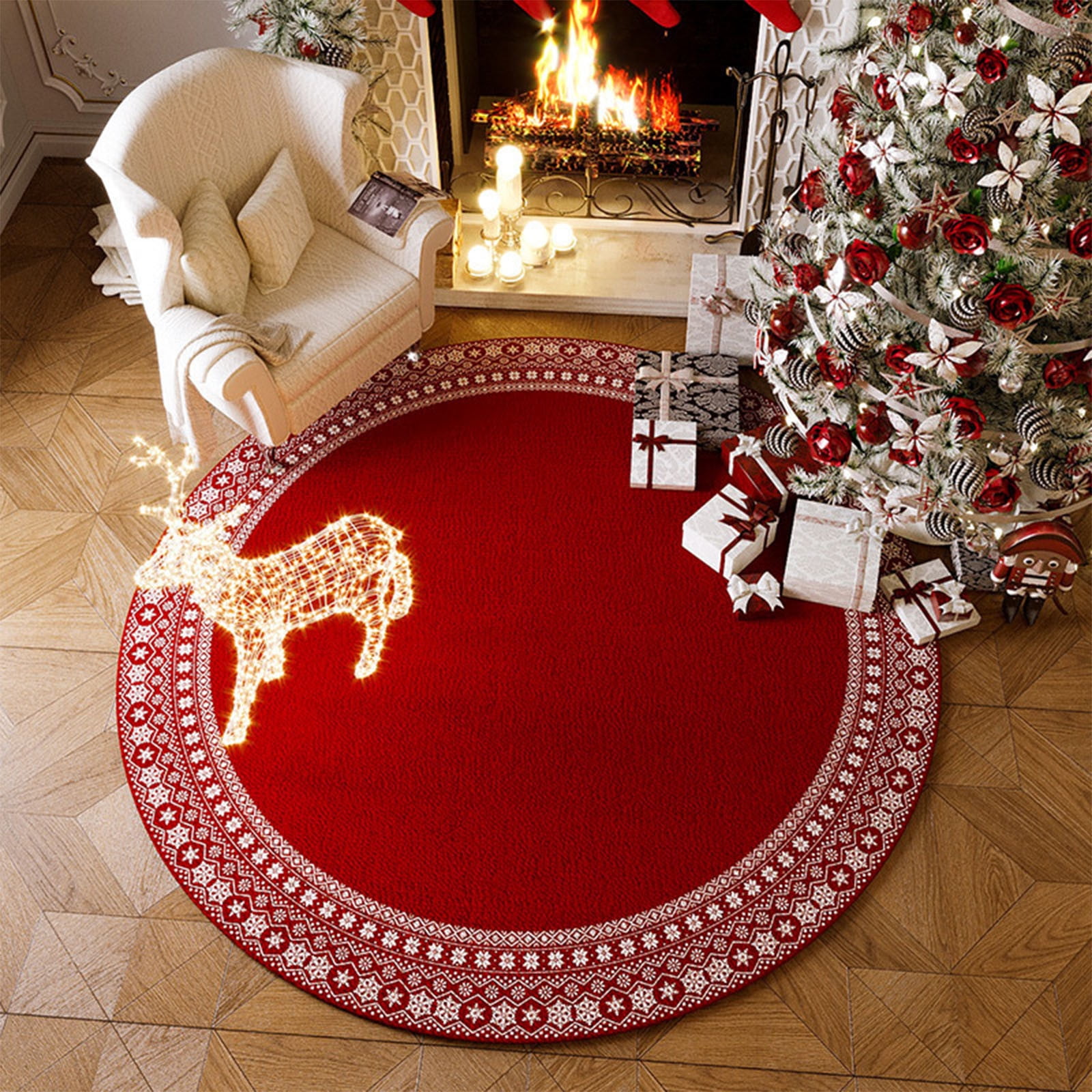 Hearda Tapis Rond De Noël Imprimé, 50-120cm Rouge Festif Tapis Chambre