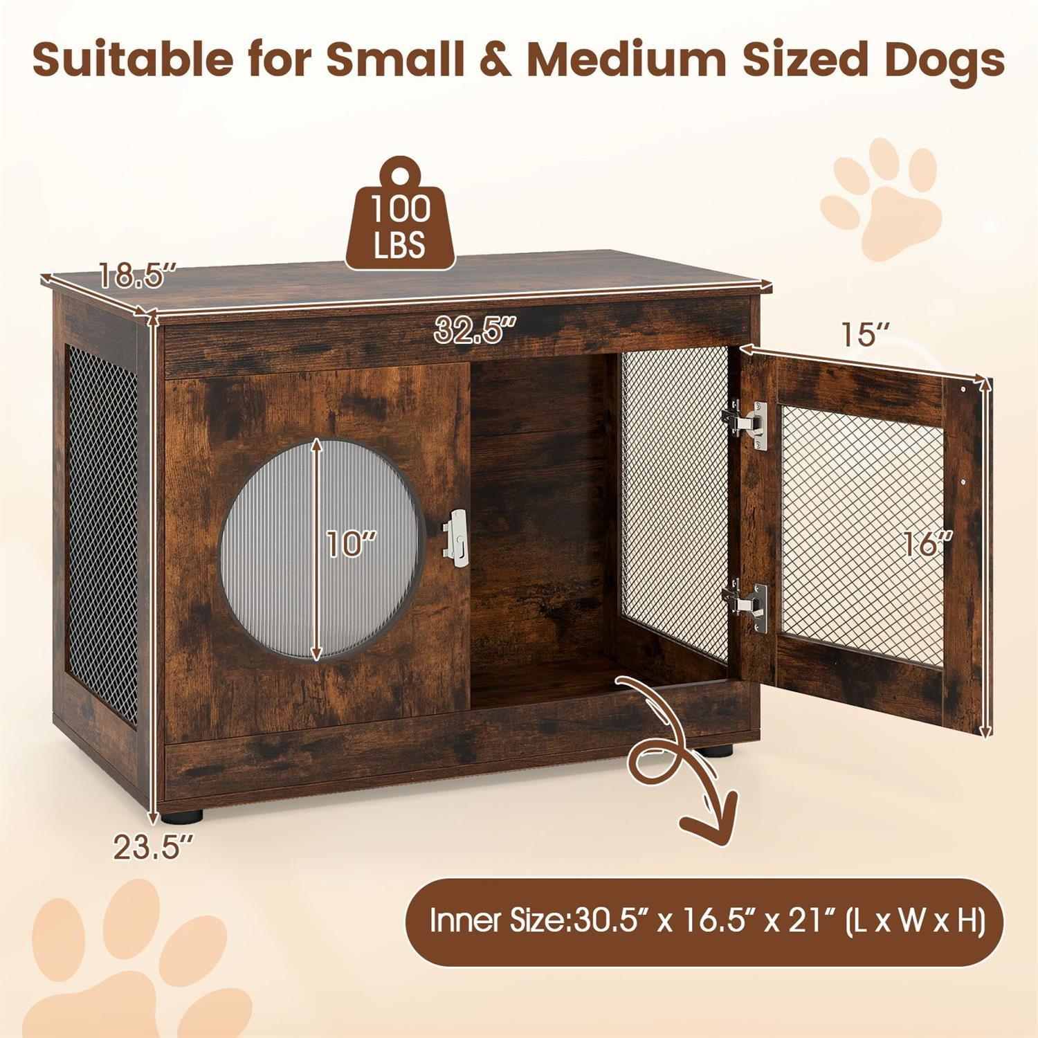 Pefilos Furniture Style Dog Crate, Translucent Window & Lockable Door, For Small/Medium Dogs, White
