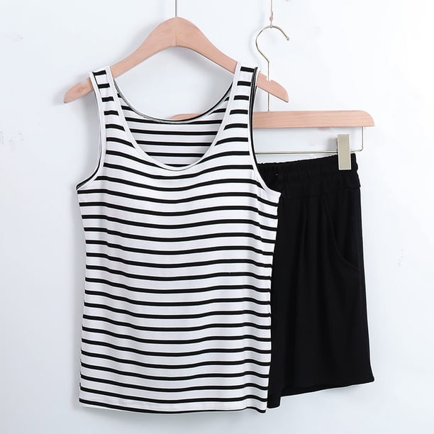 Conjunto de ropa de dormir de estilos de verano, nuevos pantalones cortos sin mangas, conjunto de pijama Sexy, ropa bonita para el hogar para mujer, pijamas a rayas con almohadilla para el pecho
