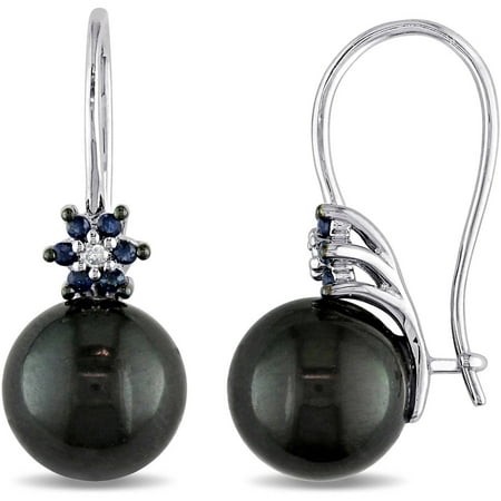 Tangelo 8-8.5mm Black Round Tahitian Pearl and 1/8 Carat T.G.W. Sapphire with Diamond-Accent 10kt White Gold Hook Earrings