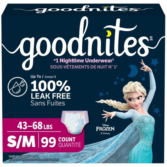 Sous-vêtements de nuit Goodnites pour filles, taille P/M (20 à 31 kg, [43 à 68 lb]), 99 sous-vêtements