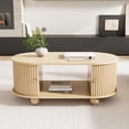 thumbnail image 3 of 39.3" Oval Coffee Table with Sliding Doors & Storage, Industrial Fluted Sofa Table, Rounded Corners & Spherical Legs with Sturdy 110 lbs Capacity, Modern Center Table for Living Rooms, Nature, 3 of 6