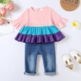 thumbnail image 2 of Infant Baby Girls Clothes Baby Girls Outfits Ruffle Short Sleeve Stripe Top Jeans Pants 2PCS Girls Denim Clothing Set Pink 6-12 Months, 2 of 8
