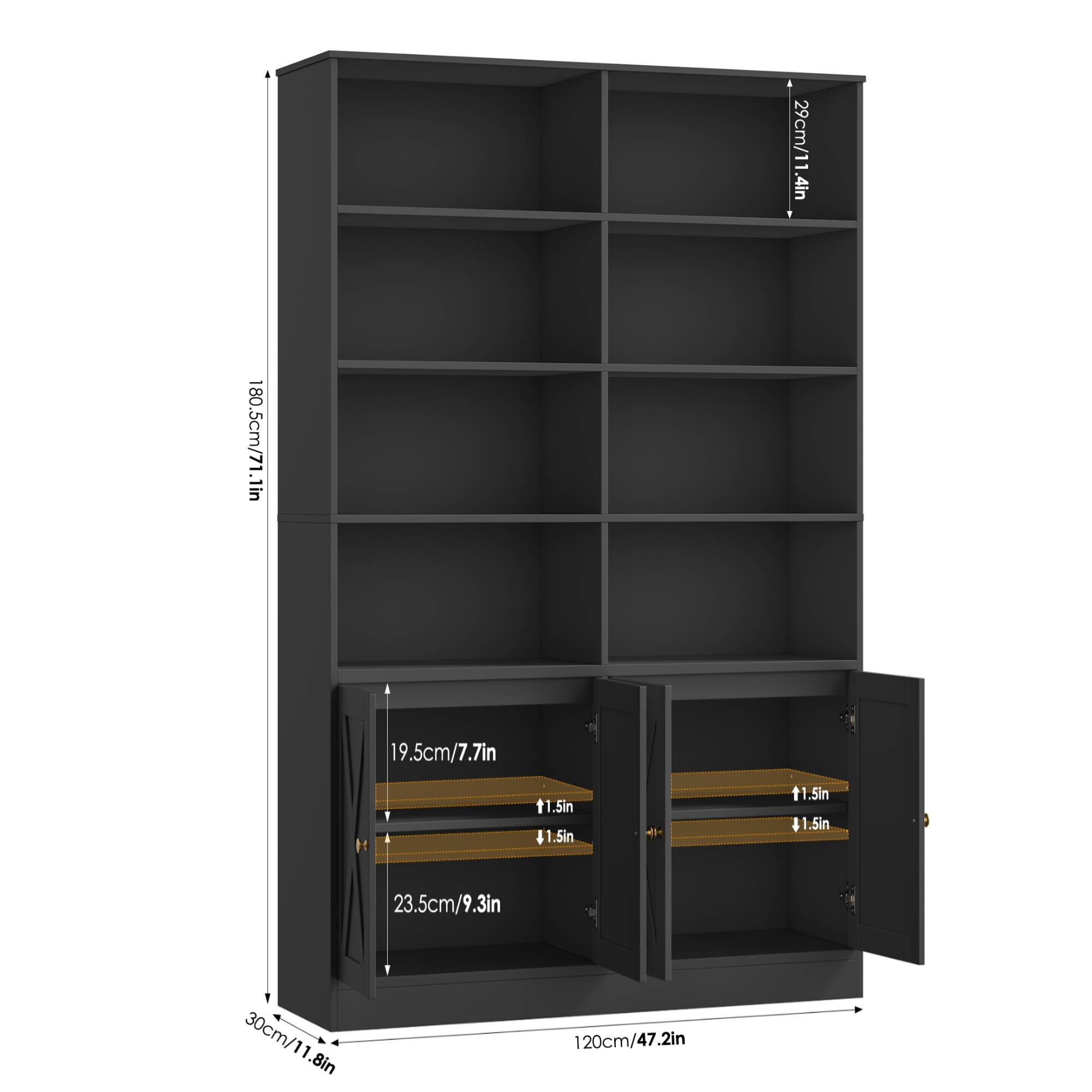Hiphuta 71"H x 47.2"W Standard Bookcase, Tall Bookcase for Bedroom, Living Room and Office, Freestanding Display Storage Shelves, Black