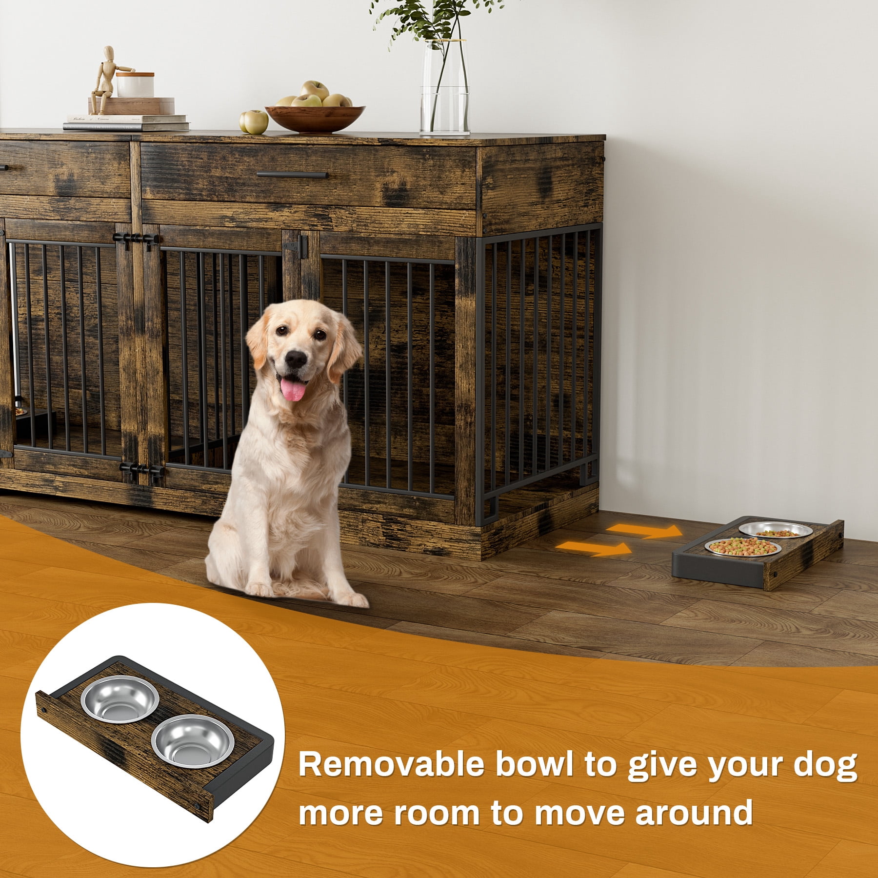 WIILAYOK 72.05" Dog Crate Furniture, Wooden Dog Kennel with 2 Drawers and 4 Dog Bowls, Heavy Duty Indoor Furniture Style Dog Cage House(Rustic Brown)