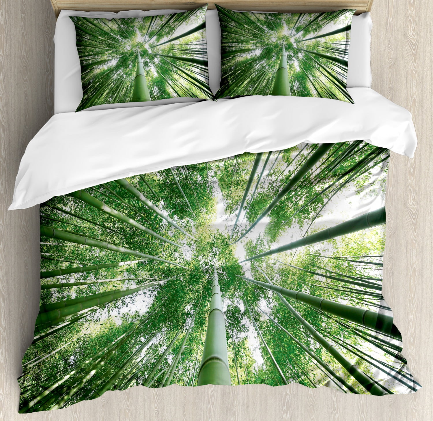 Ambesonne Bamboo Duvet Cover Set King size, Tropical Rain Forest Tall Bamboo Trees in Grove Exotic Asian Style Nature Zen Theme Image, Decorative 3 Piece
