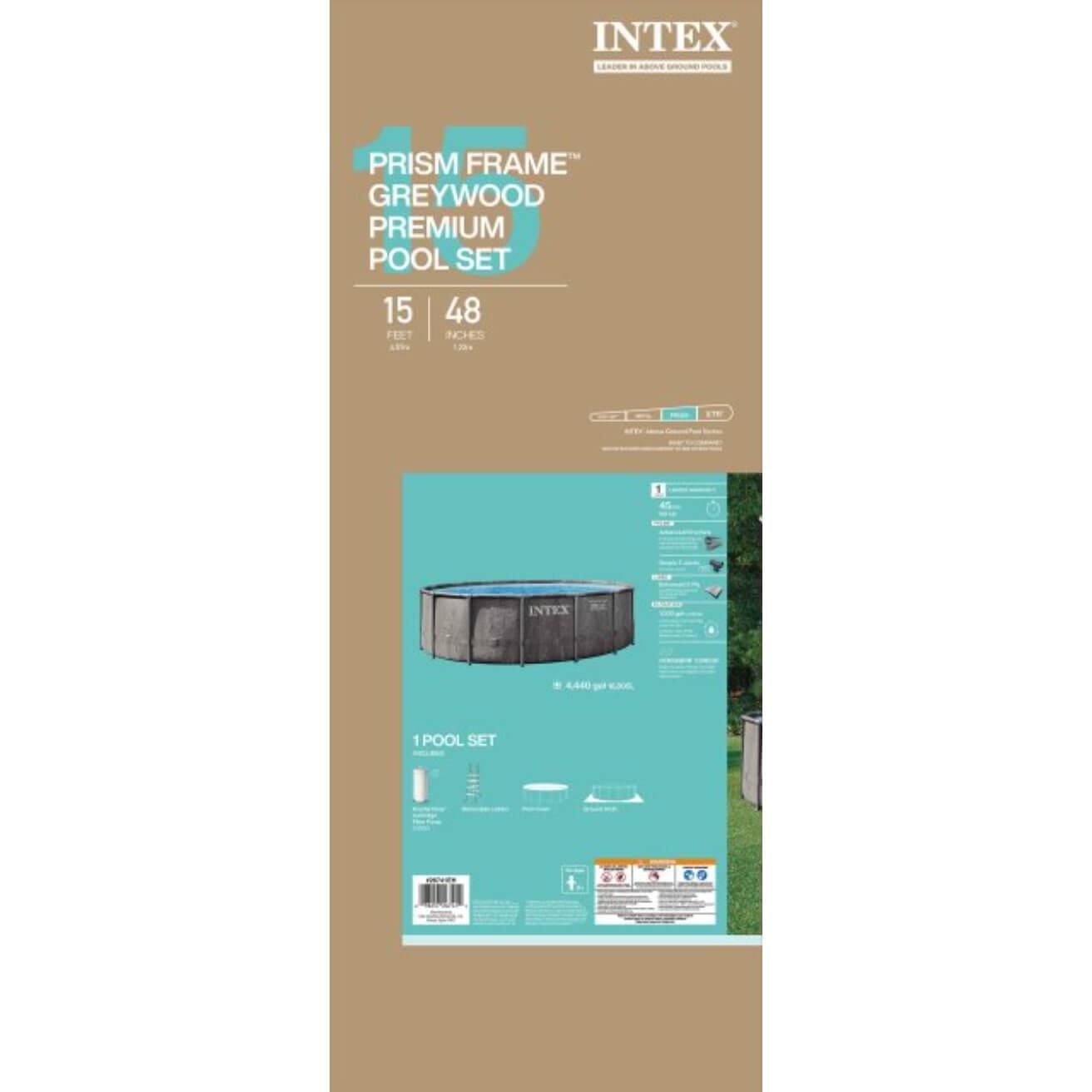 Ensemble de piscine Intex de qualité supérieure avec cadre prisme en bois gris de 15 pi x 48 po, âge : 6 ans et plus