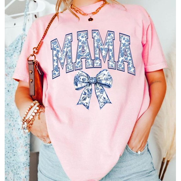 Mama Chinoiserie Coquette T-Shirt, Retro Varsity Bow Tee, Aesthetic Mom Graphic Shirt, Trendy Mother’s Day T-Shirt