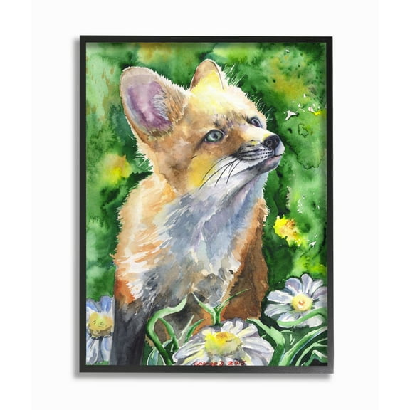 Stupell Industries Cute Fox Animal Orange Green Watercolor Painting Framed Giclee Texturized Art by George Dyachenko