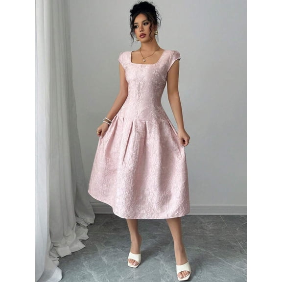 Pink Jacquard Fabric Midi Dress With Square Neckline And Fit & Flare Silhouette