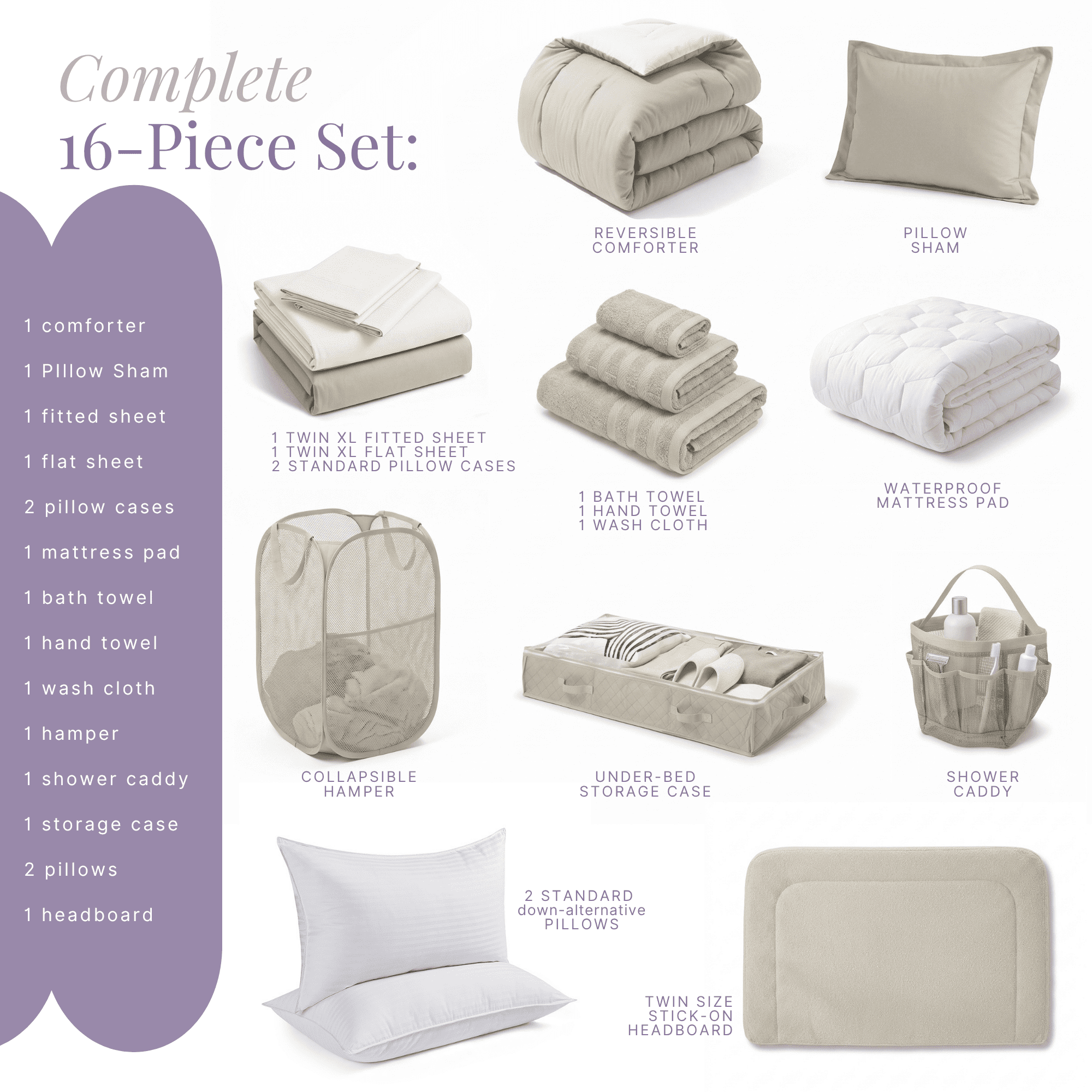 LammaLoe 16 Piece Complete Dorm Room Set, Twin XL Comforter Set, Includes Sheet Set, Mattress Protector, Pillows, Headboard, Towels & Organizers - All Dorm Accessories Included, Linen