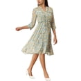 thumbnail image 2 of Unique Bargains Women's Floral Chiffon Half Sleeve Button Down Flare Dresses XL Light Blue, 2 of 6