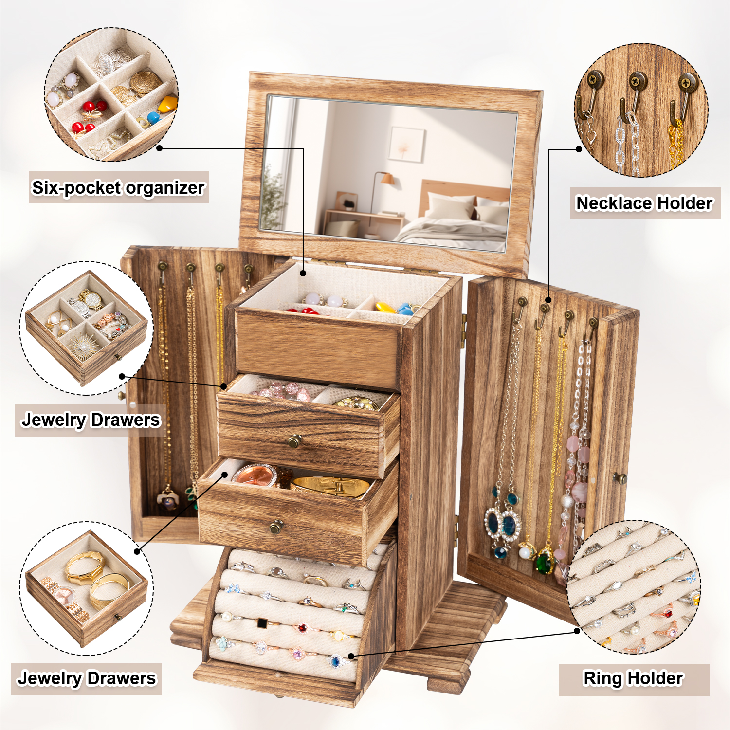 Sfugno 4-Tier Wooden Jewelry Box Organizer with Mirror photo 3