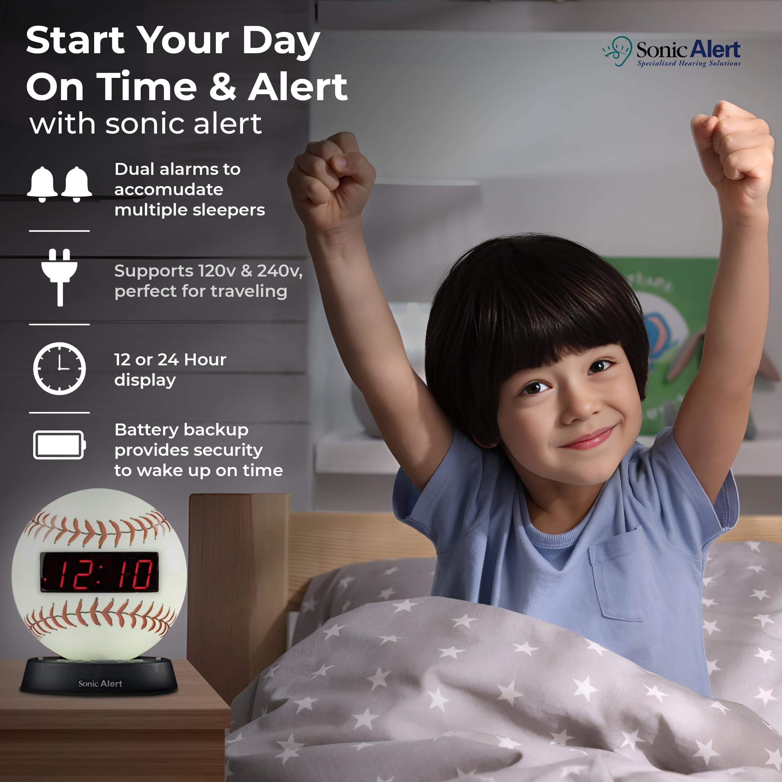 Sonic Alert - Glow Baseball Alarm Clock, Digital Display Alarm Clock for Kids - White