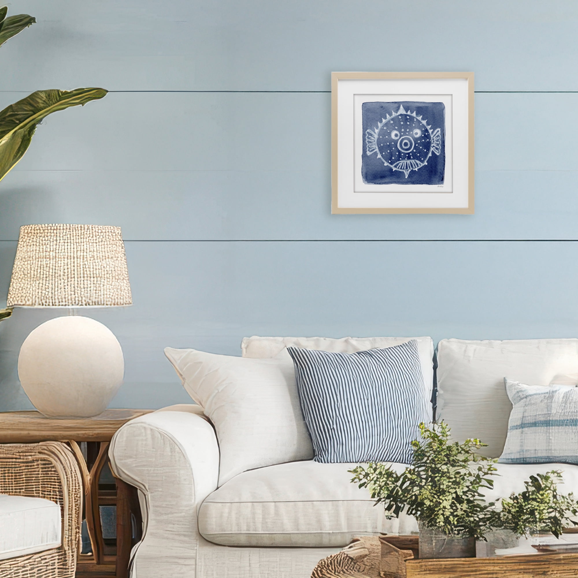 Stupell Industries White Blow Fish on Indigo Birch Framed Print Under Glass, design by Patti Bishop