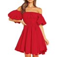 thumbnail image 1 of XINQIHANG Womens Mini Dress Summer Casual Puffy Sleeve Off Shoulder Elastic Waist Aline Flowy Ruffle Dresses, 1 of 7