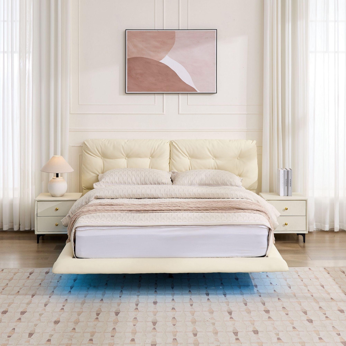 Queen Size Floating Bed Frame with LED Lights, Upholstered Platform Bed with Button Tufted Headboard, No Box Spring Needed, Easy Assembly, White