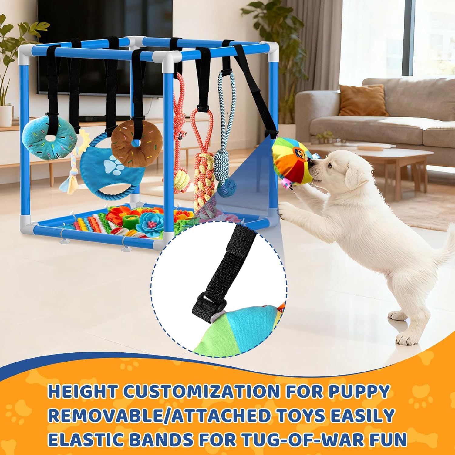 Play Gym for Small Dogs with PVC Frame, 10 Hanging Toys & Stretchy Ropes for Indoor Enrichment Activity