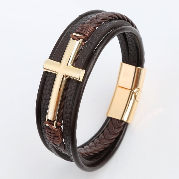 Pulsera retro para hombre, de cuero, multicapa, tejida a mano, de aleación, con hebilla magnética, pulsera, joyería
