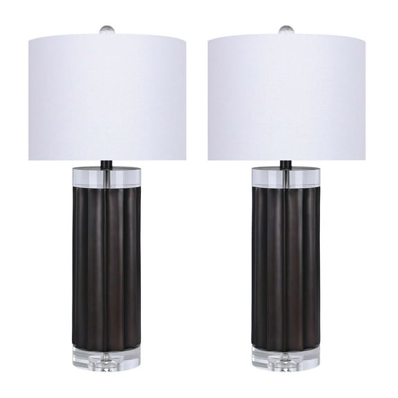 29" Dark Grey Lustre Polyresin Table Lamp w/ Ribbed Base & Off-White Linen Shade (Set of 2)
