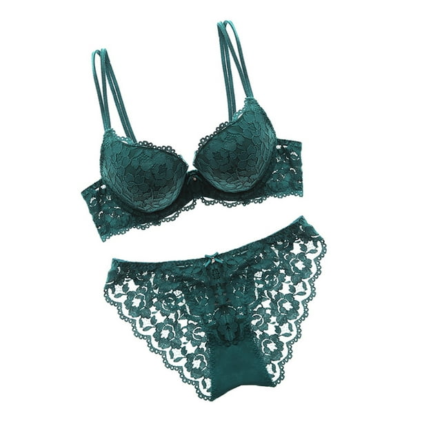 Baohd Lace Bra Panties Set Push up Adjustable Girls Underwear Sexy Gather  Bra Set Hollow Breathable Lingerie, Dark Green, 38/85B