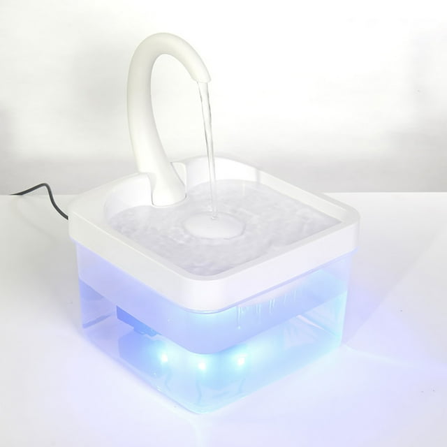 TIMIFIS Cat Pet Supplies Water Dispenser, an automatic cat and dog water fountain with a swan neck design. Features include a transparent basin with blue LED lighting, a flowing faucet-like water stream, and a 2L capacity. Made of ABS and PP materials, it includes a USB-powered smart pump and filter cotton for efficient filtration. Ideal for multiple pets, easy to clean, and fits the category of cat water fountain filters and pumps.