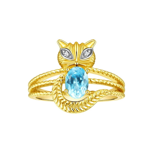 RYLOS Bagues pour Femmes Bague Chat en Or Jaune 14K Pierre Précieuse Ovale 7X5MM et Diamants Étincelants Topaze Bleue de Décembre Bijoux Taille 13