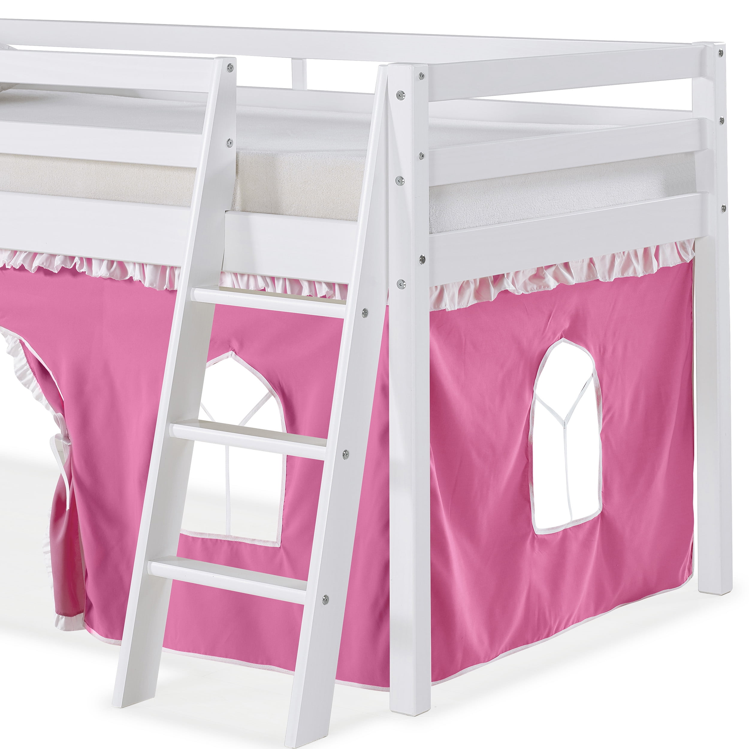 Alaterre Furniture Roxy Junior Kids Twin Loft Bed, Pink with White Trim Tent, Solid Pine Wood with Reversible Ladder & Detachable Tent