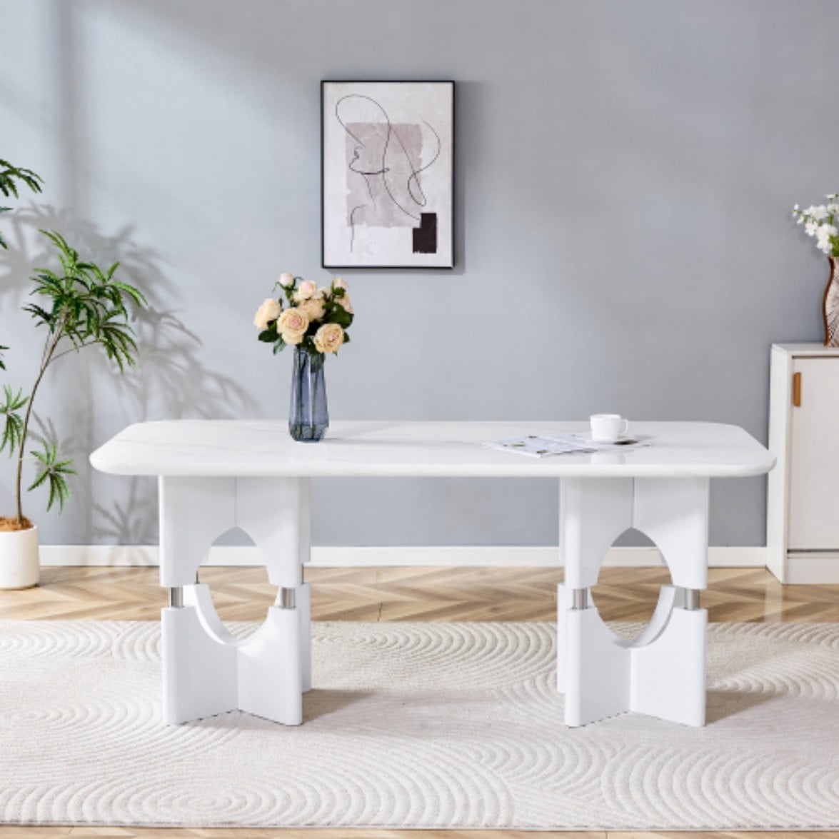 Marble Dining Table, Modern MDF Kitchen Table for 2-4 People, Compact Dining Room Table with Hollow Metal Frame for Small Spaces, White