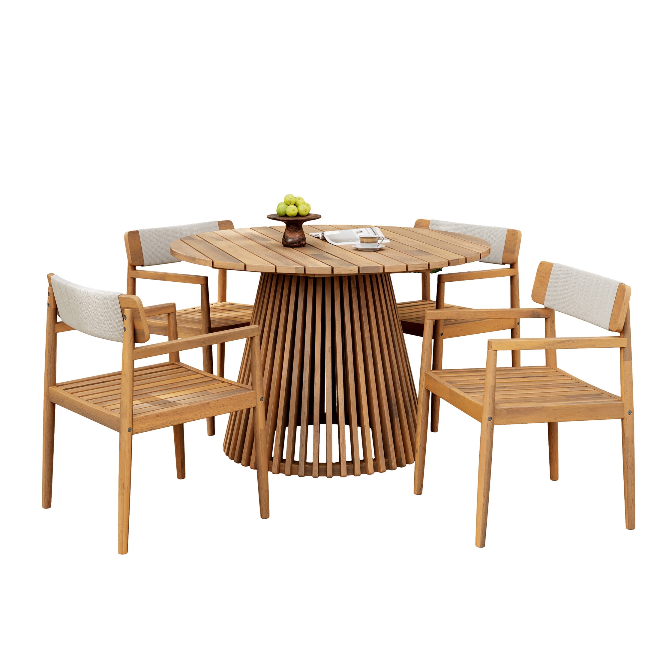 Christopher Knight Home 5-Piece Outdoor Patio Dining Table Set, with Braided Rope Armchairs, Light Teak+White