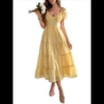 thumbnail image 1 of Vestido Midi Informal de Verano para Mujer, con Mangas , Escote en V, Fruncido y Volantes Escalonados. Amarillo M, 1 of 7