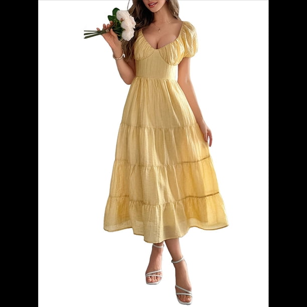 Vestido Midi Informal de Verano para Mujer, con Mangas , Escote en V, Fruncido y Volantes Escalonados. Amarillo L