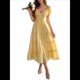 thumbnail image 1 of Vestido Midi Informal de Verano para Mujer, con Mangas , Escote en V, Fruncido y Volantes Escalonados. Amarillo L, 1 of 7