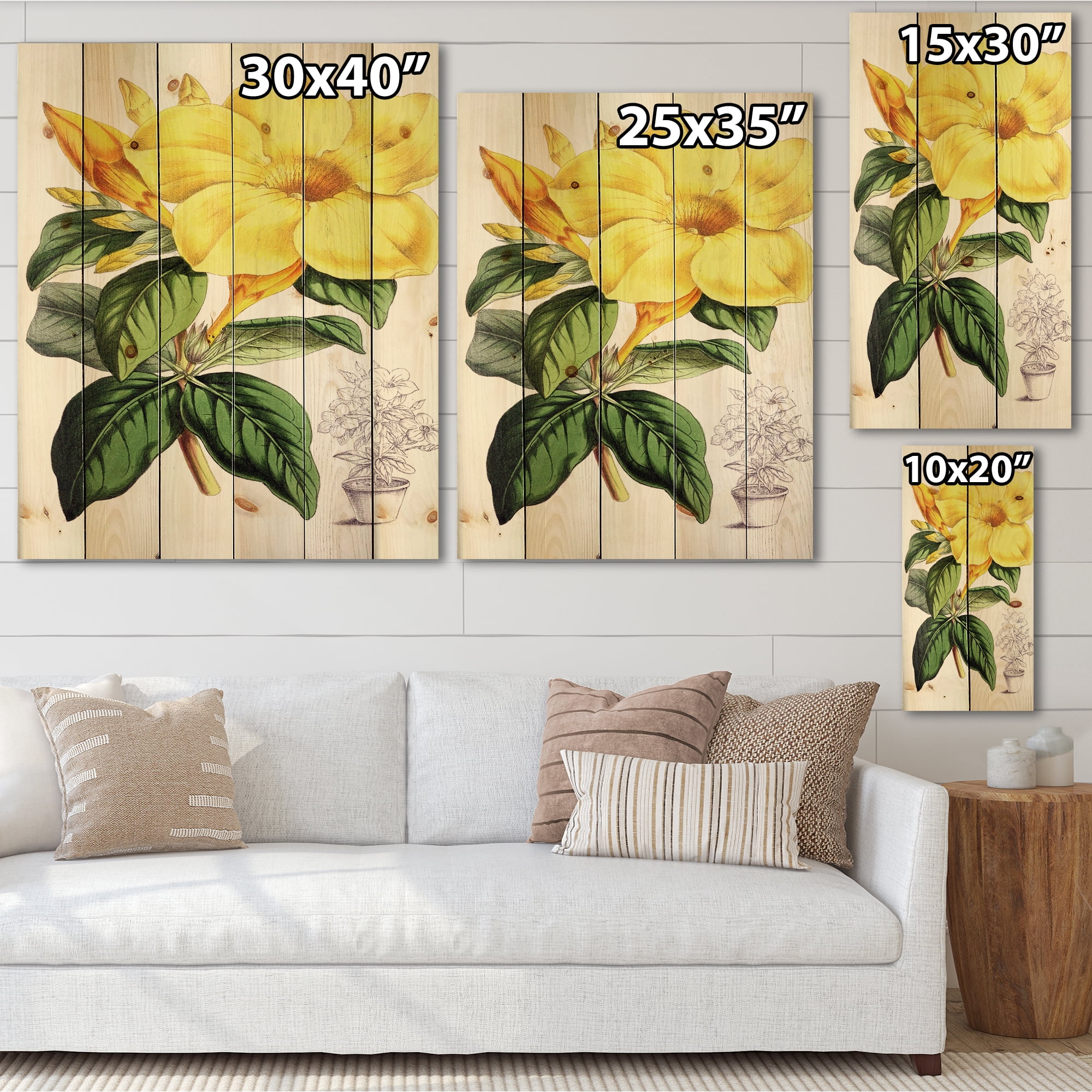 Designart 'Green Leaves With Tropical Yellow Flowers II' Traditional Print on Natural Pine Wood