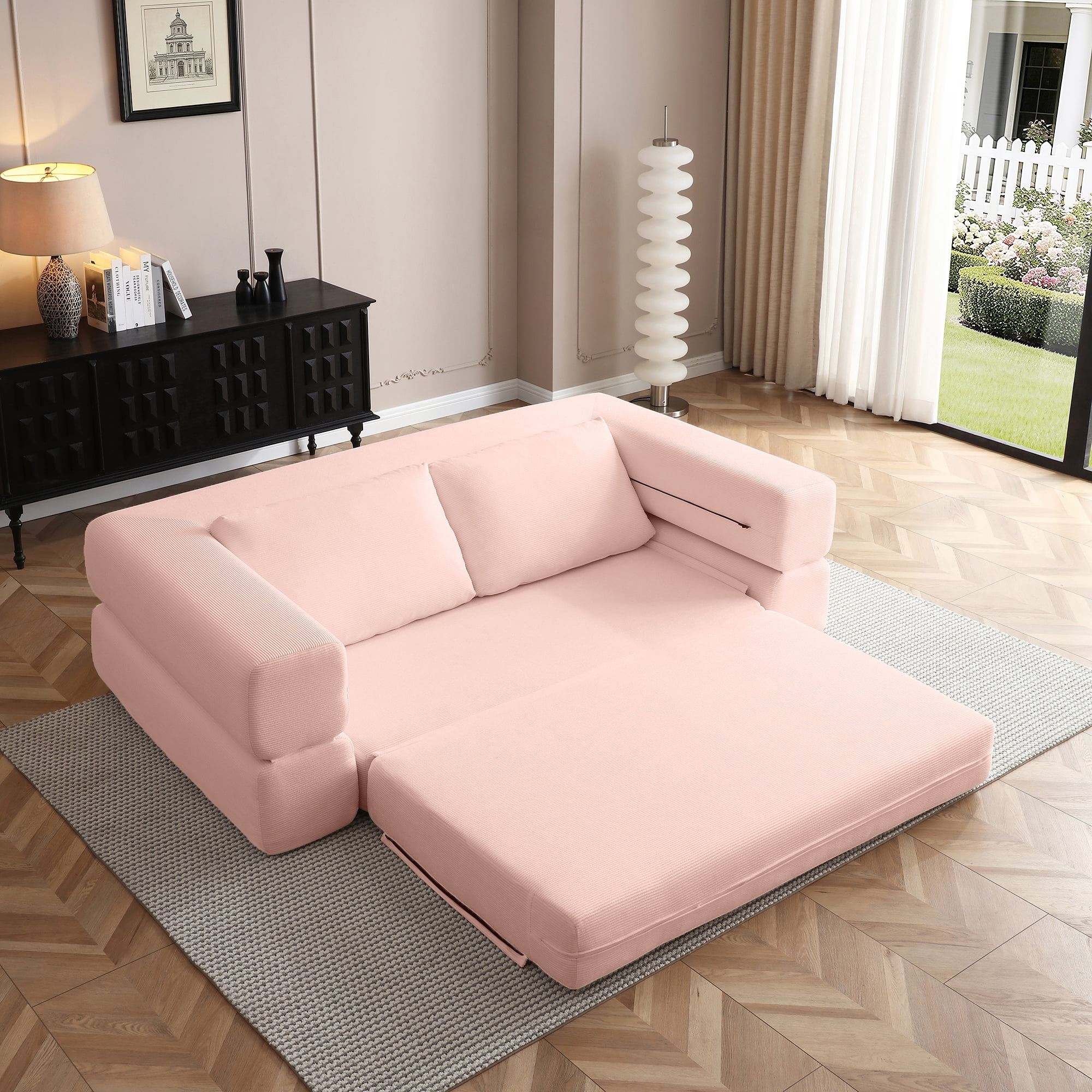 81-Inch Convertible Sofa Bed with Pillows, 3-in-1 Folding Floor Couch and Corduroy Futon Sleeper Mattress for Living Room and Bedroom, Pink