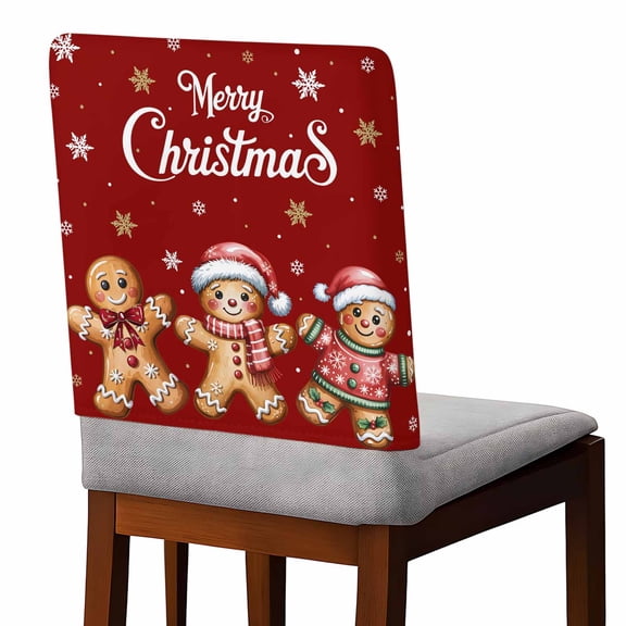 Merry Christmas Chair Covers Set of 1 Xmas Funny Gingerbread Man White Gold Winter Snowflakes Red Chair Back Covers Stretch Removable Washable Slipcovers Protector for Dining Room Kitchen Party Decor