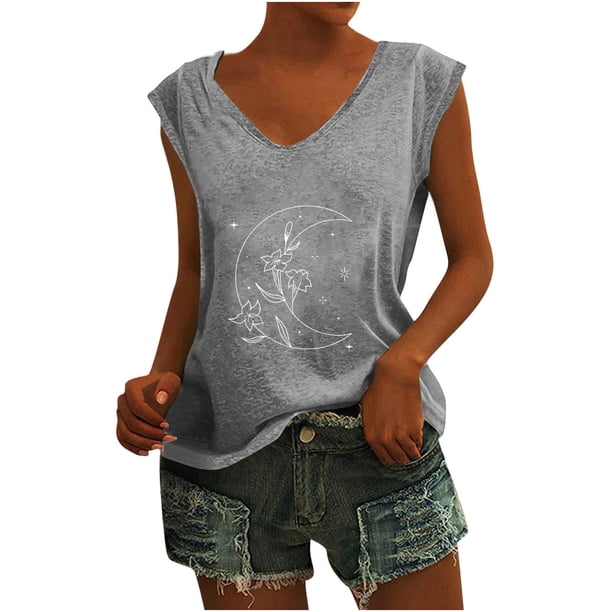 Camisetas sin mangas con cuello en V de verano para mujer, camisetas de manga corta con estampado de luna Retro OAVQHLG3B Store lin121212