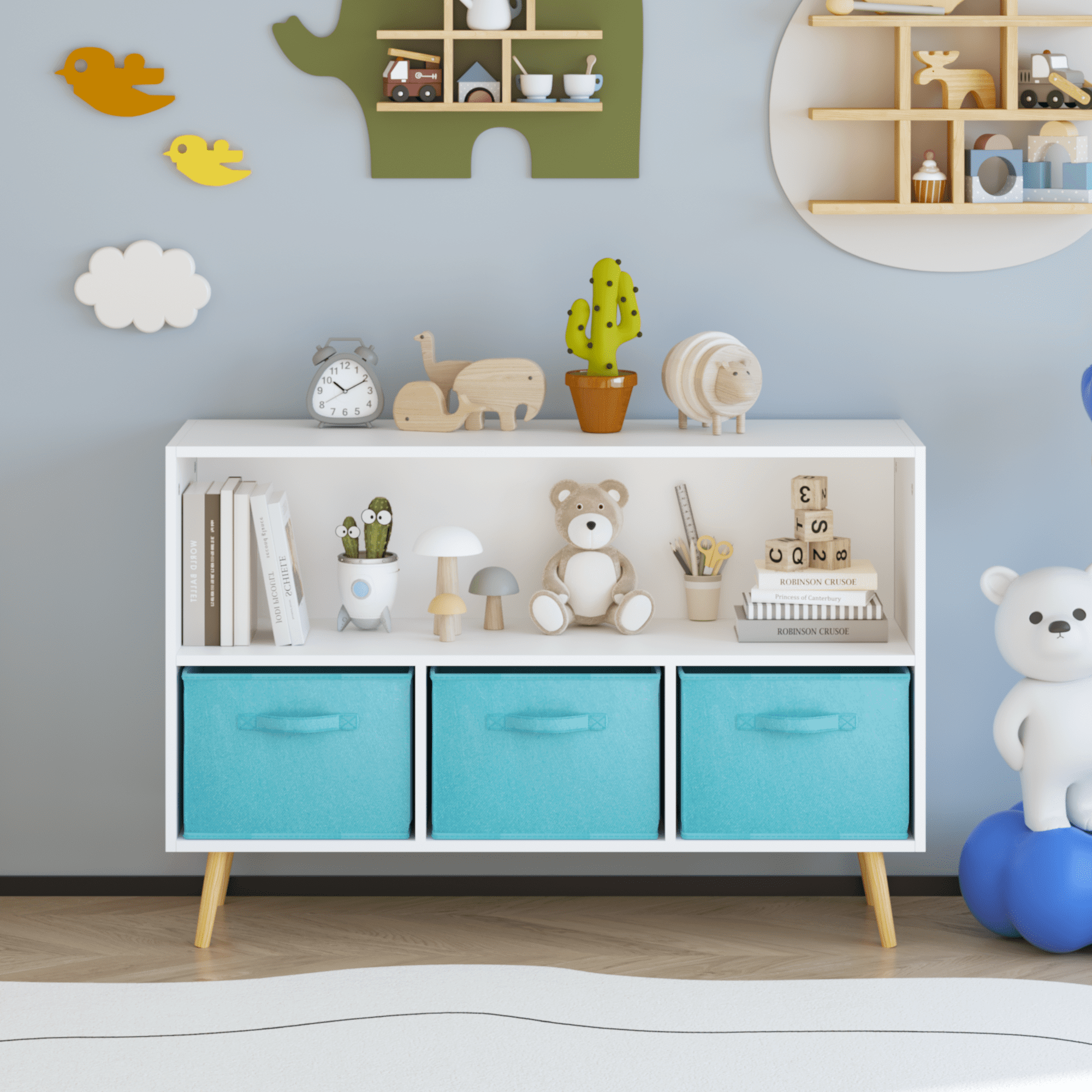 Baby Furniture, Kids bookcase with Collapsible Fabric Drawers, Children's Book Display, Toy Storage Cabinet Organizer, White/Blue, White+Blue Kids Furniture,Mdf Kids Furniture