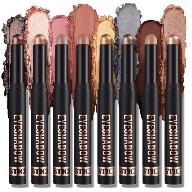 Longwear Cream Eyeshadow Stick - 8 Matte & Shimmer Colors, Wrinkle Proof, 8-Hour Wear, Twist-Up Design with Built-In Brush, 2g, for All Skin Types