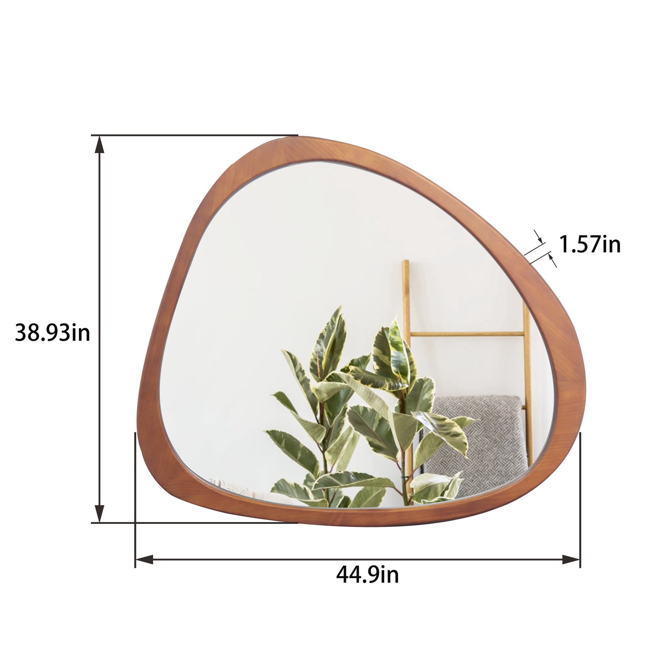 Noble House 45" Asymmetrical Wall Mirror, Solid Wood Frame, Glass Mid-Century Accent, Bathroom, Hallway, Walnut