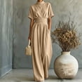 thumbnail image 4 of AJGRHE Women's Wide Leg Jumpsuits Summer Half Turtleneck Short Sleeve Wide Leg Jumpsuit Casual Solid Loose Long Pants Fashionable Piece Khaki S, 4 of 5