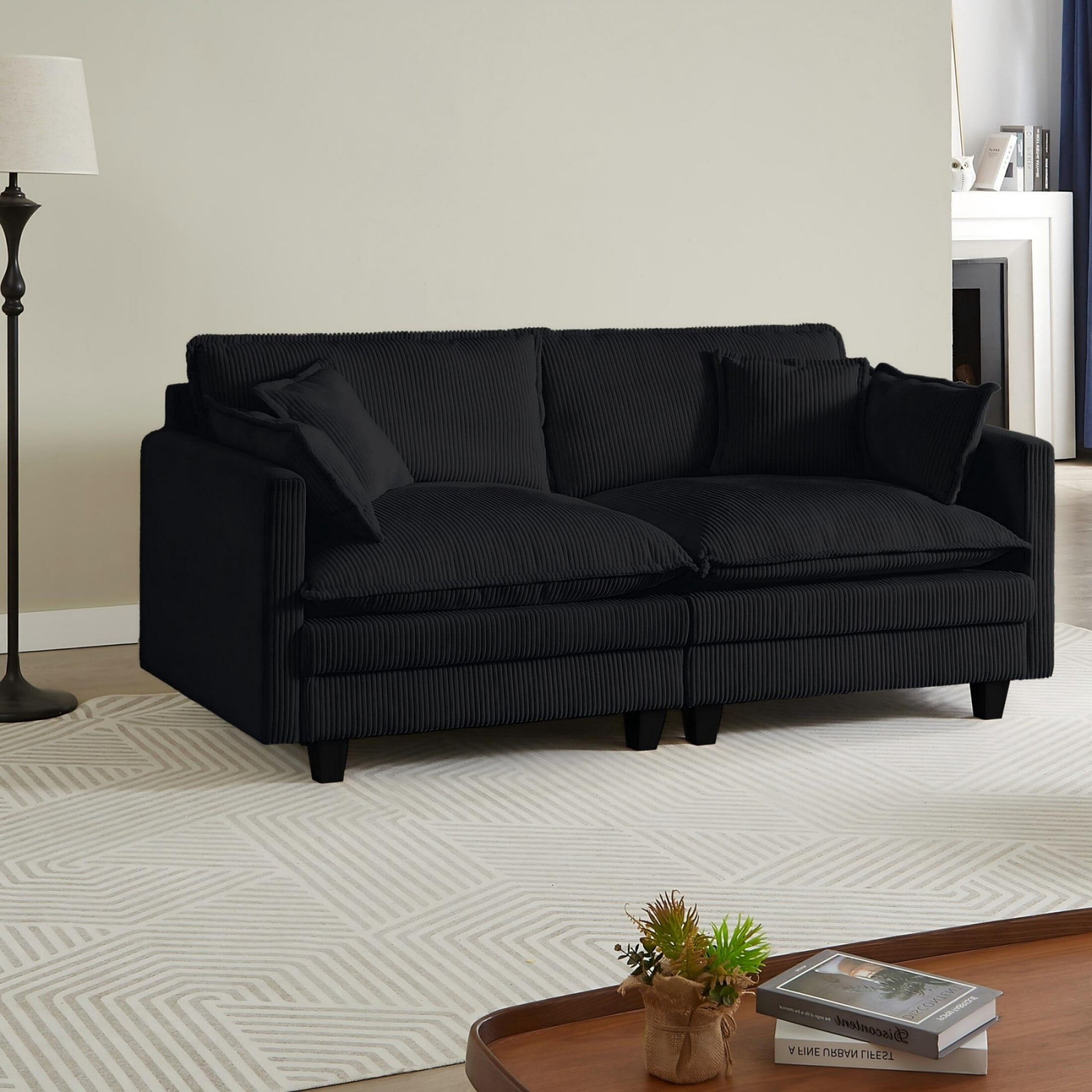 AENKYO 70.86'' Oversized Deep Seat Loveseat Sofa, Corduroy 2-Seater Couch with 4 Pillows, Black
