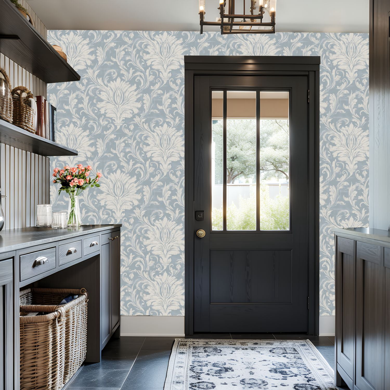 Peel and Stick Wallpaper Floral Damask Soft Blue White Tones Wall Mural 17.7in x 9.8ft Self Adhesive Removable Wall Paper Renter Friendly Wallpaper for Nursery Bedroom Cabinets