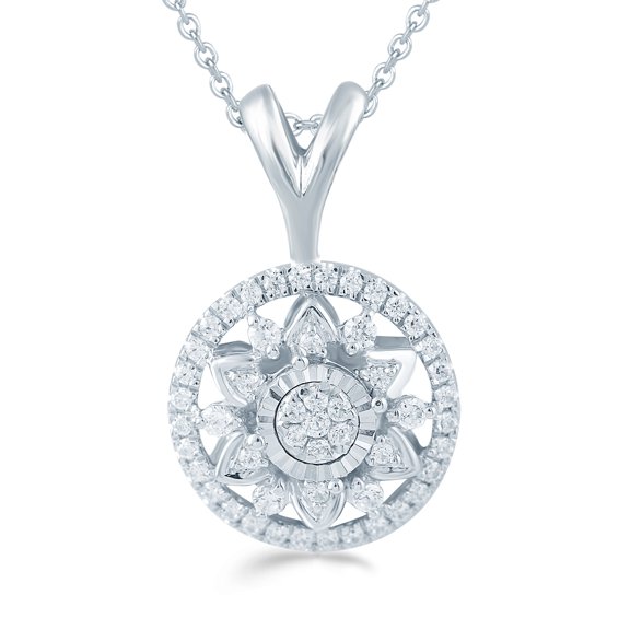 1/4ct tw Diamond Floral Cluster Fashion Pendant in Sterling Silver with 18" cable chain