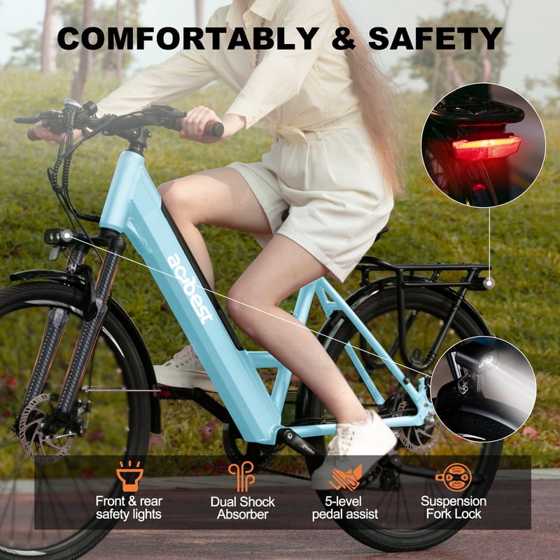 Actbest Electric Bike for Adults, 26" Step-Through Electric Bicycle with 36V 13Ah Removable Battery, 750W Peak Motor Electric Cruiser Bike with 22MPH, 7 Gears & Front Suspension (Blue) with Saddlebag