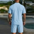 thumbnail image 6 of Cotton Linen Short Sets for Men Summer Short Sleeve Button V Neck Stand Collar Shirt and Shorts 2 Piece Matching Set, 6 of 6