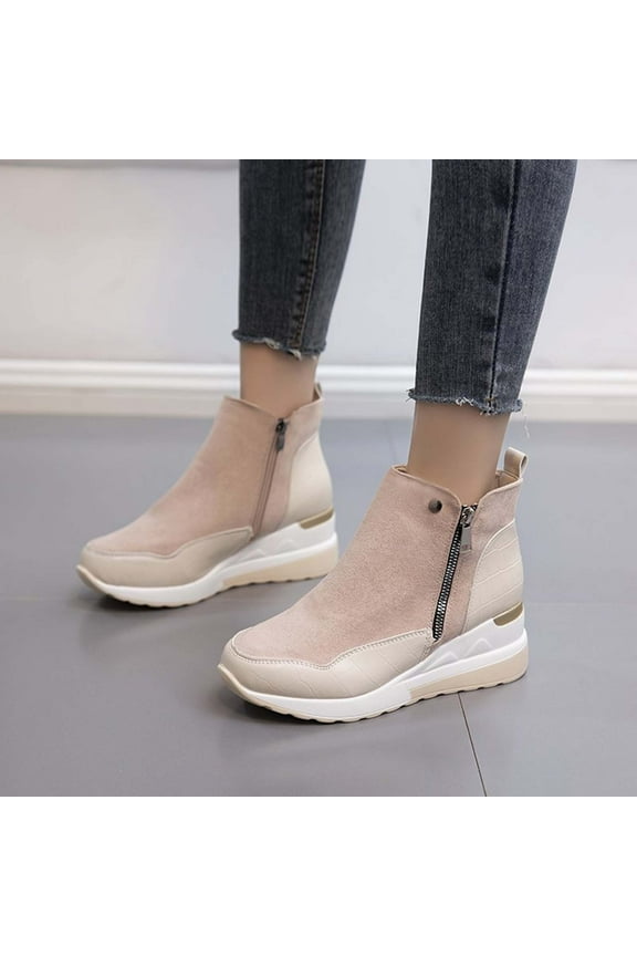 Women's Fashion Retro Solid Color Splicing Boots Thick Sole High-Heels Round Toe Casual Boots