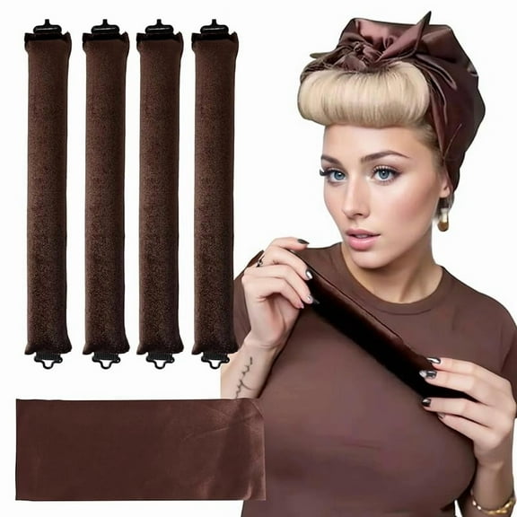 Heatless Curls Overnight Hair Curler - 4 Pcs Curling Rod to Sleep In, Velvet Hair Rollers with Satin Hair Scarf Girl's gift (Brown)