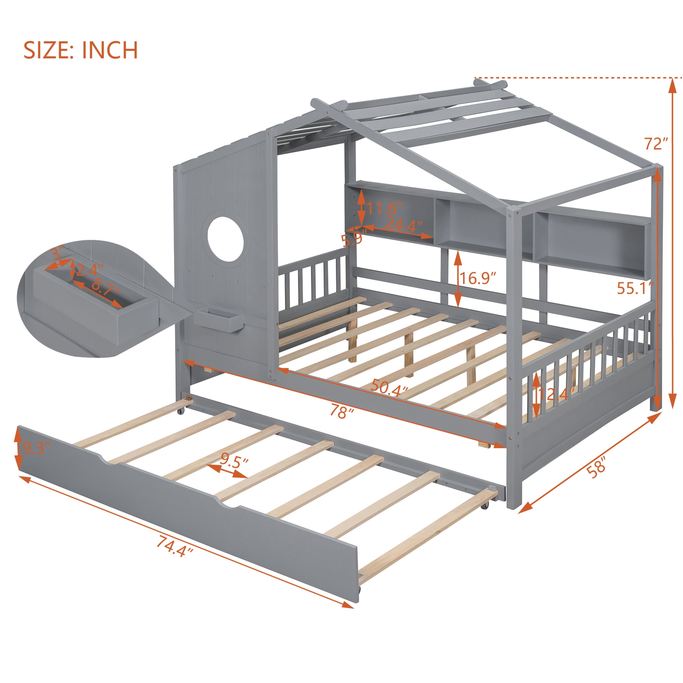 Noble House Wooden Full Size House Bed With Trundle, Modern Design for Kids with Storage Shlef, Gray
