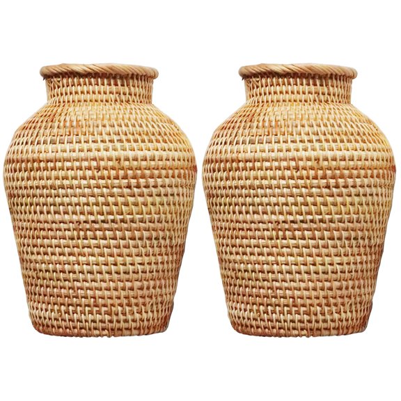 2 Pc Rattan Vase Flower Container Woven Home Decor Christmas Decorations Wedding Seagrass Basket Office
